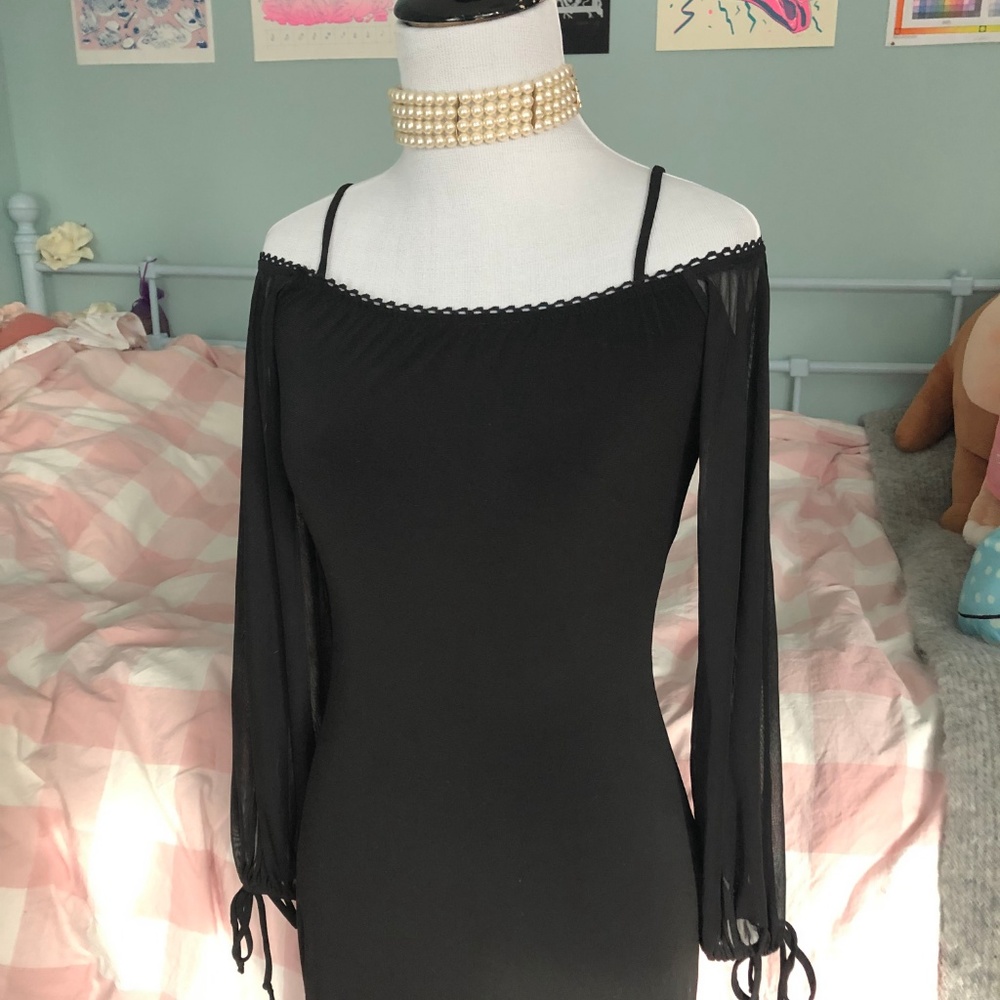 Y2K / 90s Off-Shoulder Black Dress w Sheer Sleeves